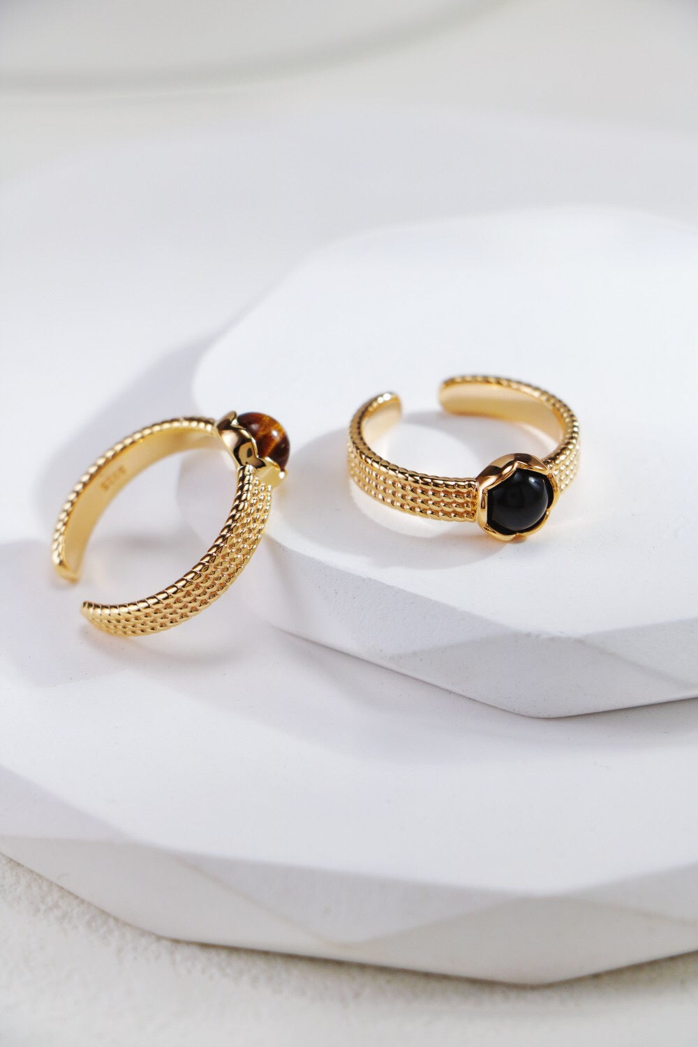 Natural Black Onyx / Tiger Eye Stone Open Ring-0