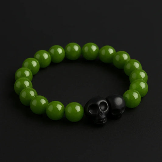 Handmade Natural Green and black Skull stone Bead Bracelet-0