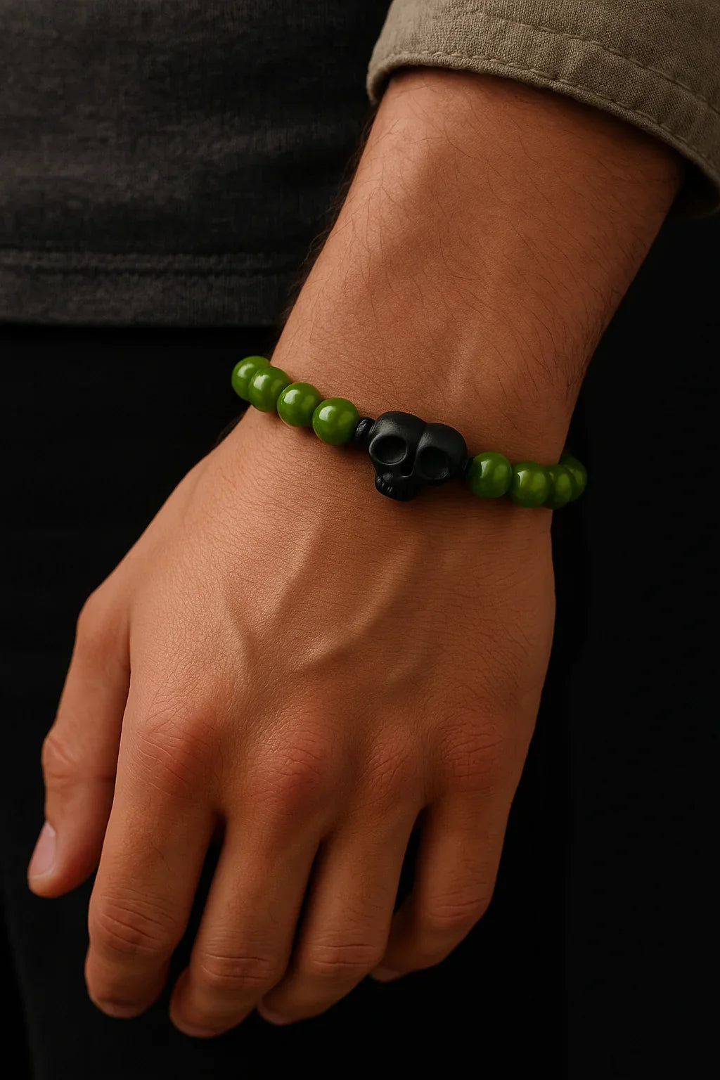 Handmade Natural Green and black Skull stone Bead Bracelet-1