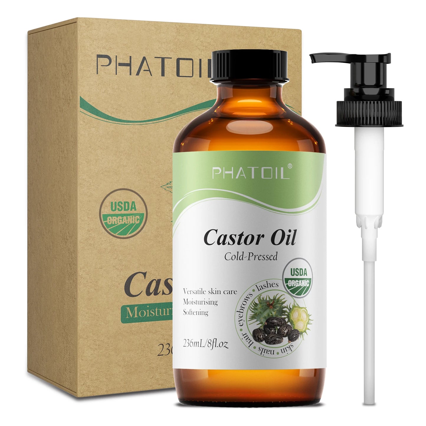 PHATOIL 236ml/118ml aceite de ricino orgánico, aceite esencial sin refinar prensado en frío para el cuidado del cabello crecimiento de pestañas y uñas hidrata la piel