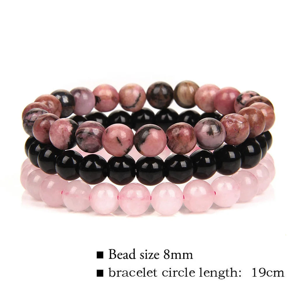 Juego de 3 pulseras de piedra natural de 8 mm con cuentas de rodonita y jaspe rosa