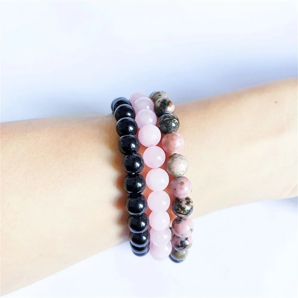 Juego de 3 pulseras de piedra natural de 8 mm con cuentas de rodonita y jaspe rosa