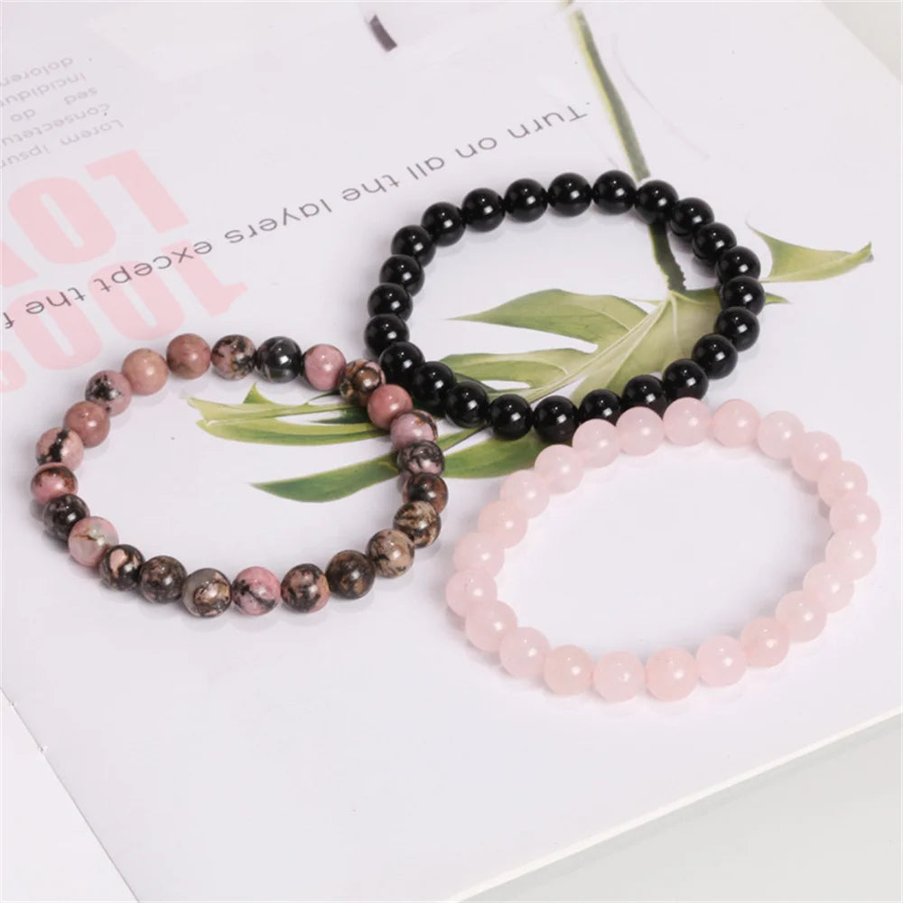 Juego de 3 pulseras de piedra natural de 8 mm con cuentas de rodonita y jaspe rosa