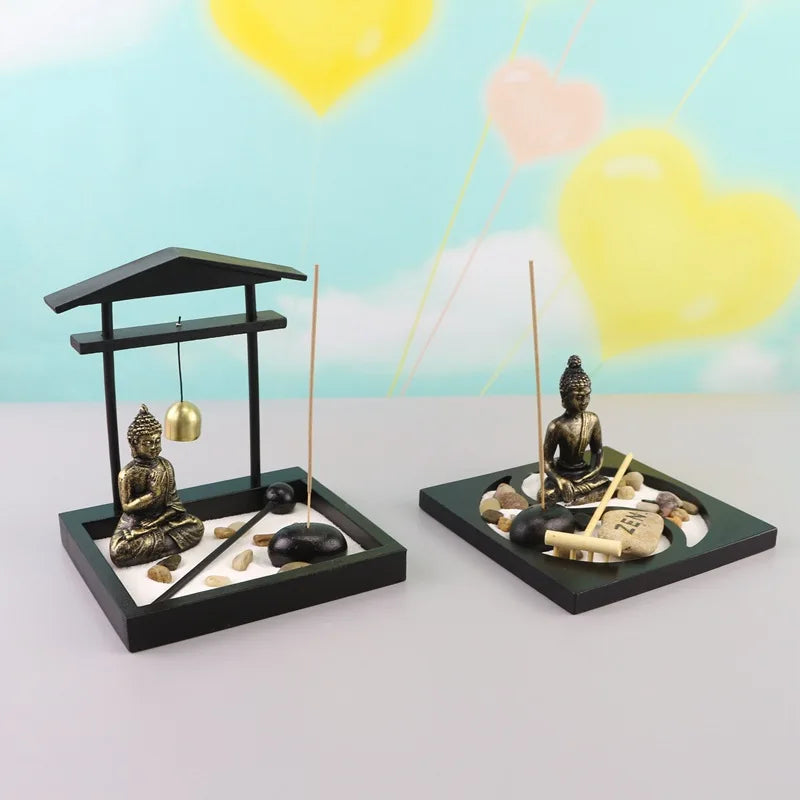 Ambiente de jardín Zen tori con piedras, candelabro, gong y arena para meditación y decoración.