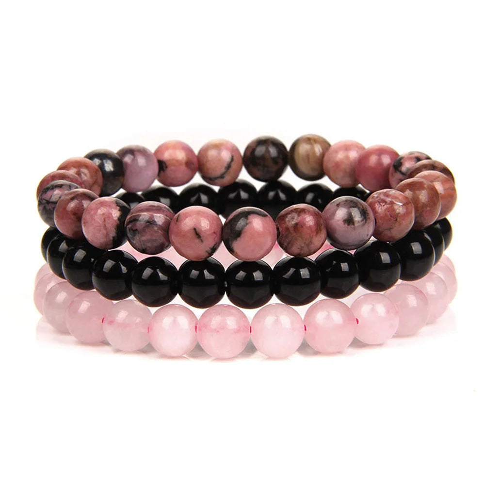 Juego de 3 pulseras de piedra natural de 8 mm con cuentas de rodonita y jaspe rosa