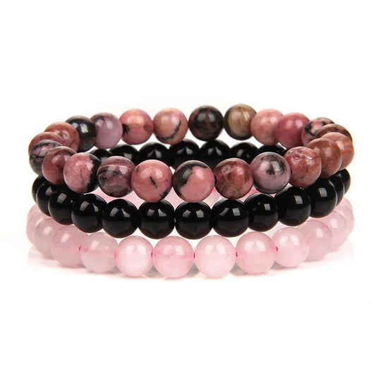 Juego de 3 pulseras de piedra natural de 8 mm con cuentas de rodonita y jaspe rosa
