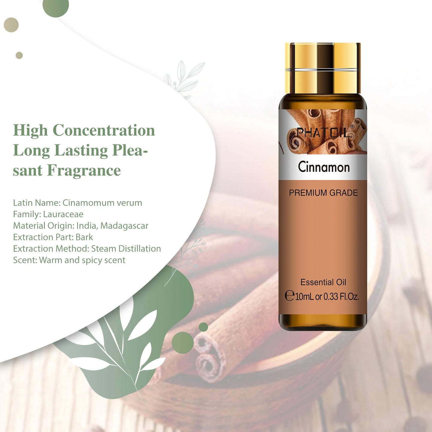 PHATOIL 10ml aceites esenciales de canela puro Natural para difusor, masaje y aromaterapia.Apto para uso en la piel