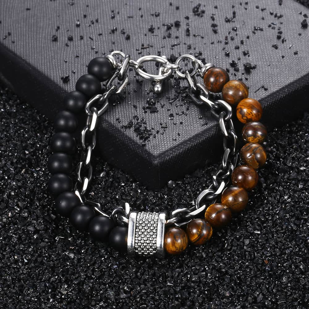 Natural Tiger Eye Stone Bracelet Men Stainless Steel Beaded Bracelets Male Jewelry Lava Map Stone Drop Shipping D-0