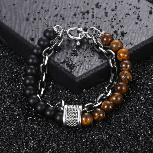 Natural Tiger Eye Stone Bracelet Men Stainless Steel Beaded Bracelets Male Jewelry Lava Map Stone Drop Shipping D-0