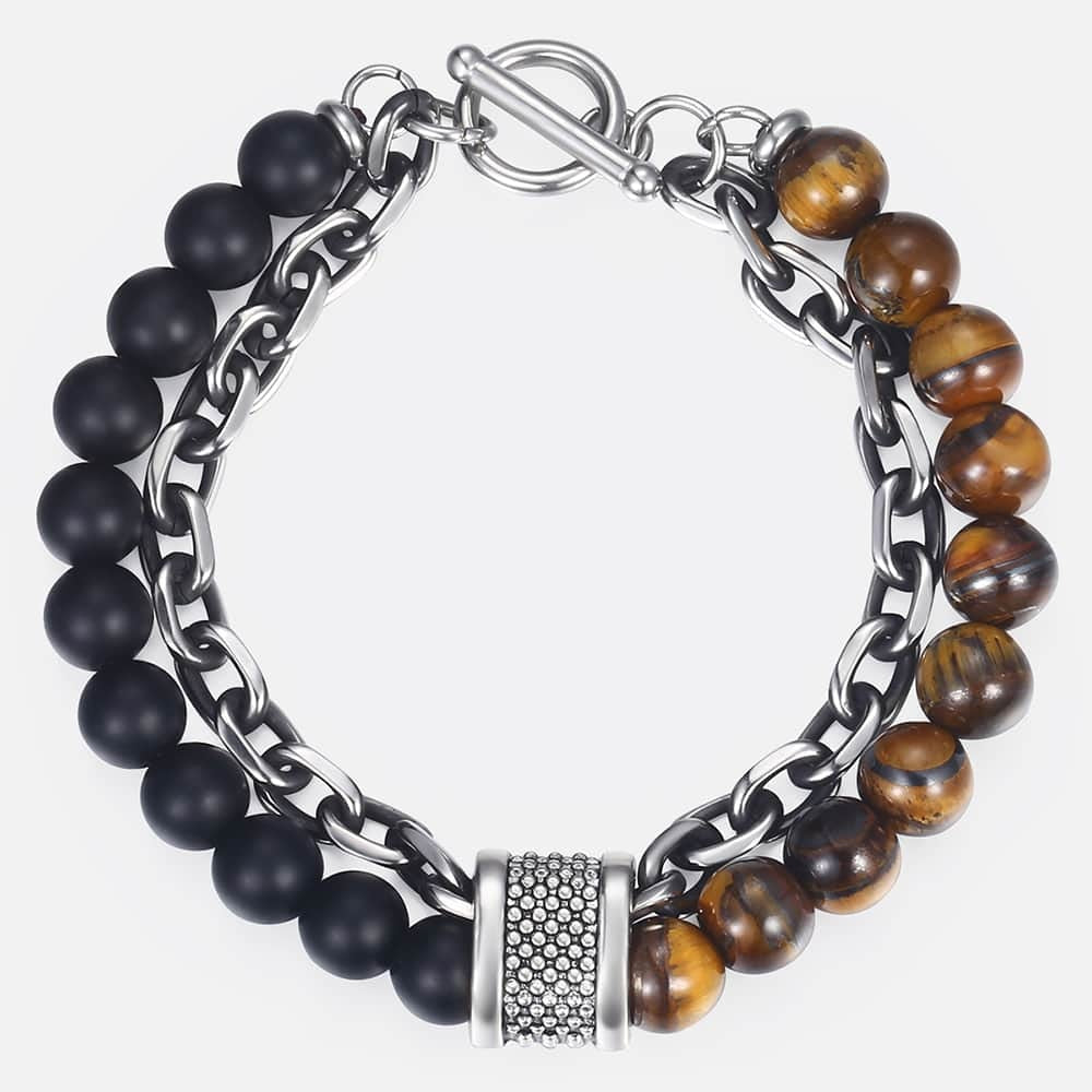 Natural Tiger Eye Stone Bracelet Men Stainless Steel Beaded Bracelets Male Jewelry Lava Map Stone Drop Shipping D-4