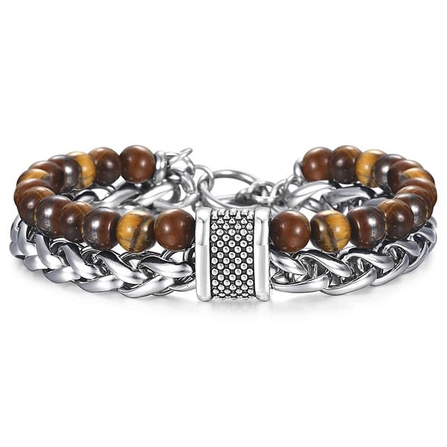 Natural Tiger Eye Stone Bracelet Men Stainless Steel Beaded Bracelets Male Jewelry Lava Map Stone Drop Shipping D-5
