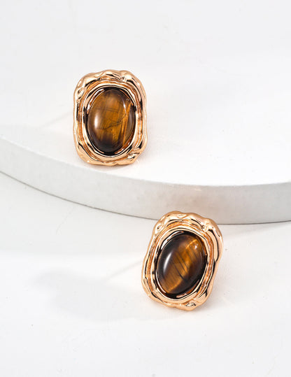 Vintage Natural Tiger Eye Stone Earrings-0
